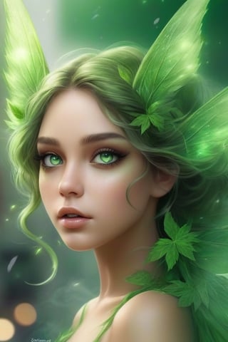 cannabis, green, green_eyes, green_light, green_fairy, background_city, green_wings, leafs_in_hair, realistic, smoke