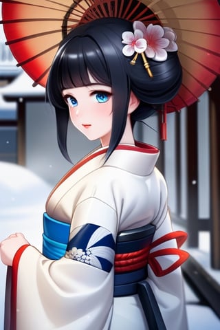 Android geisha, asian_female, blue_eyes, black_hair, full_body, white_kimono, noble, white_socks, zengarden_background, snow_white_skin, red_cheeks