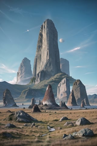 prehistoric planet earth with lots of water, image as if from a comic, whit bold lines,no_humans, another planet is visible close in the sky, mountains, rocks covered with grass, blue sky, voluminous clouds, blue water, blurry image, high detail, looks like a movie, fantastic landscape