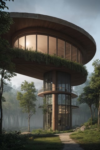 Highly detailed architectural rendering of a treehouse in a tropical forest in rain with dense clouds. Front elevation with landscaping and trees in the foreground and background. Foggy atmosphere with low visibility and heavy rain. View of the misty valley in the background. Circular window openings in wooden walls. Building material is concrete. The location is Wayanad, Kerala. Viewed from the perspective of a pedestrian. Hyper-realistic 8k,day