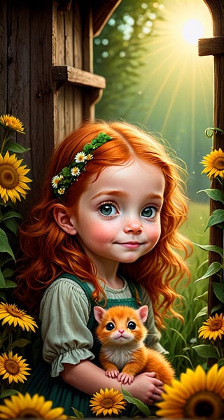 Chris Ryniak, Rebecca Sugar Andy Kehoe style , , cuteness overload, , digital portrait, cinematic, fantasy, fairytale, a close up highly detailed happy ginger-haired colorful dressed smiling farm tiny girl and tiny fluffy monster creatures, farm house, countryside, pastoral, farm, sunbeams, glowing eyes, detailed girl face, close macro girl portrait dynamic pose, sharp eyes, unusual, modern. heartwarming, cozy, fairytale, fantasy, detailed textures, artistic dynamic pose, tender, atmospheric, sharp focus, centered composition, complex background, soft haze, masterpiece. animalistic, beautiful, tiny detailed