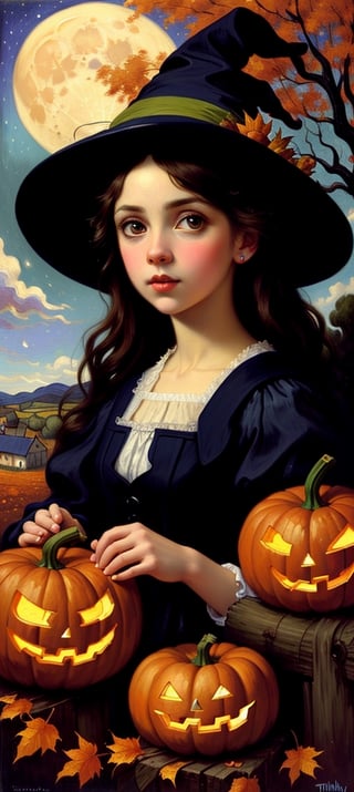 ultra highly detailed, cinematic, 32k, highly detailed acrylic on silk, the close up cute little witch, detailed cute  face, big eyes, big pile of pumpkins, countryside landscape, autumn, garden, apples, farm wooden house, moon, moonlight, detailed starry sky, Halloween pumpkins falling leaves, autumn fruit trees, fruit baskets, pastoral, Van Gogh starry sky, by Franz Xaver Winterhalter, Scott Naismith, Mark Ryden, Tim Burton, digital painting, highly detailed, cute, filigree, intricated, clarity, high quality
