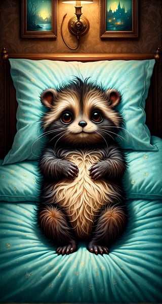 Chris Ryniak and Andy Kehoe style postcard, hyperrealism, digital art, cinematic, a close up highly detailed cute dreamy happy transparent fluffy pajamas-dressed smiling monster by Chris Ryniak, going to sleep, dynamic pose, cozy interior room, unusual, modern. heartwarming, cozy, fairytale, fantasy, detailed textures, artistic dynamic pose, tender, atmospheric, sharp focus, centered composition, complex background, soft haze, masterpiece. animalistic, beautiful, tiny detailed