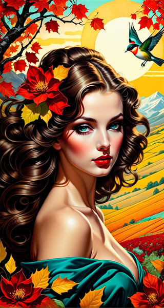 beautiful, soft pastel colors, red, black, burgundy, turquoise orange, lime, yellow pop art, surrealism, , airy, windy, glamour, art divided in 4 various separate panels, 4 multipanels, all seasons transformation pin-up vintage, fairytale, comic style, epic dynamic poster, close up transparent detailed young girl close centered portrait, four seasonal, winter hoarfrost, spring blossoming flower, summer fields sunset, autumn leaves, birds flying out, dynamic intricated pose, close portrait light on face, shadow play, perfect faces, sharp glowing eyes, by Gil Elvgren, J.C. Leyendecker, Dean Cornwell, Norman Rockwell, patchwork, mosaic, storybook illustration, highly detailed unusual beautiful details, intricated, intricated pose, tiny details masterpiece, high quality, intricated lighting, luminism