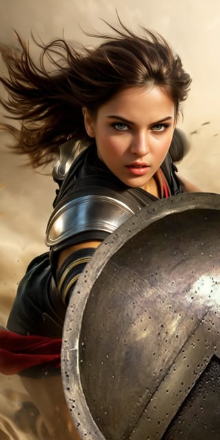 (masterpiece, top quality, Best quality, official art, beautiful and aesthetic:1.2), ((a young woman as spartan warrior like 300 film,)) dark messy and blowing hair with bangs, (Masterpiece, Best quality), (finely detailed eyes), (finely detailed eyes and detailed face), half body, intrincate details, (((spartan shield))) (Extremely detailed CG, Ultra detailed, Best shadow), Beautiful conceptual illustration, (illustration), (((action pose,))) (extremely fine and detailed), (Perfect details), (Depth of field),action shot