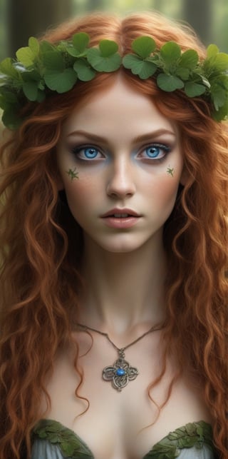 Generate hyper realistic close portrait of a beautiful celtic nude elf girl, very long and messy curly red hair with a punk touch, Very lihgt blue eyes, with a wreath of four-leaf clovers, in a forest, very detailed beautiful eyes. Very detailed, provocative face, (dynamic provocative pose),   soft colors artwork, hight detailed,