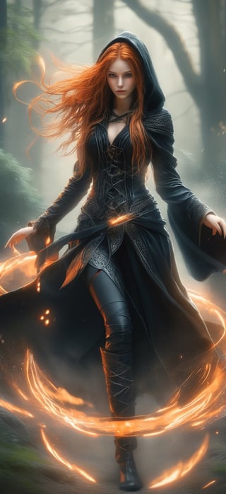 Generate hyper realistic image of intricate details of a stunning 20 years old gir,l full body shot, front view, young witch, fantasy black clothes and straps with intrincate details, bare arms, legs and abdomen, Her long orange hair flows in a braid down on a side, Covered by a large black hooded cloak that partially covers her face, in a dark gloomy forest,girl,action shot,DonM3lv3nM4g1cXL