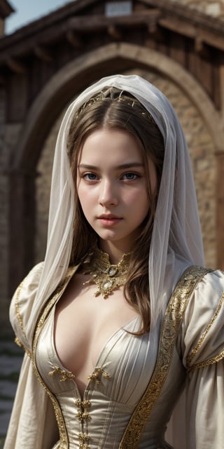 Beautiful, face, 8K, HDR, Masterpiece, Hyperrealistic, portrit of a 25 years old  young woman with perfect body, detailed face, sweet,  in a medieval town, medieval clothes with intrincate details, beautiful,REALISTIC