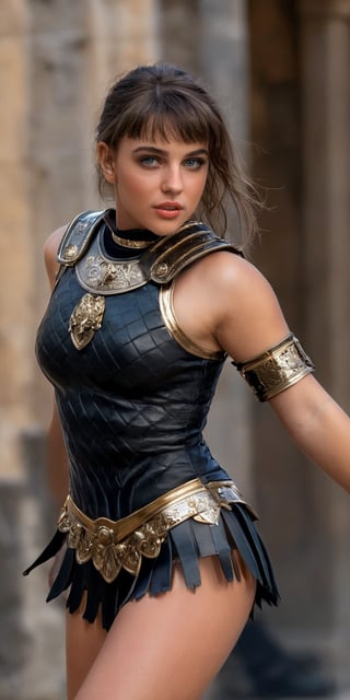 (masterpiece, top quality, Best quality, official art, beautiful and aesthetic:1.2), ((a young woman as roman gladiator,)) dark messy and blowing hair with bangs, (Masterpiece, Best quality), (finely detailed eyes), (finely detailed eyes and detailed face), half body, intrincate details, (((black high hip leotard,))) roman armor with elaborated and ntrincate detailed gold ornaments, roman legion shield and sword, black boots (Extremely detailed CG, Ultra detailed, Best shadow), Beautiful conceptual illustration, (illustration), (((action pose,))) (extremely fine and detailed), (Perfect details), (Depth of field),action shot