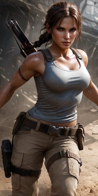 (masterpiece, top quality, Best quality, official art, beautiful and aesthetic:1.2), ((Lara Croft ,)) (Masterpiece, Best quality), (finely detailed eyes), (finely detailed eyes and detailed face), Full body view, intrincate details, (Extremely detailed CG, Ultra detailed, Best shadow), Beautiful conceptual illustration, (illustration), (((action pose,))) (extremely fine and detailed), (Perfect details), (Depth of field),action shot