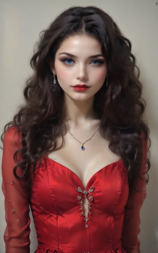 ((Generate hyper realistic half body portrait of captivating scene with a beautiful girl fantasy lady,)) detailed face, piercing, blue eyes, dark long hair, medium chest, dark red dress with intrincate details, photography style, Extremely Realistic, ,photo r3al high detail, 8k, hyper detailed, masterpiece