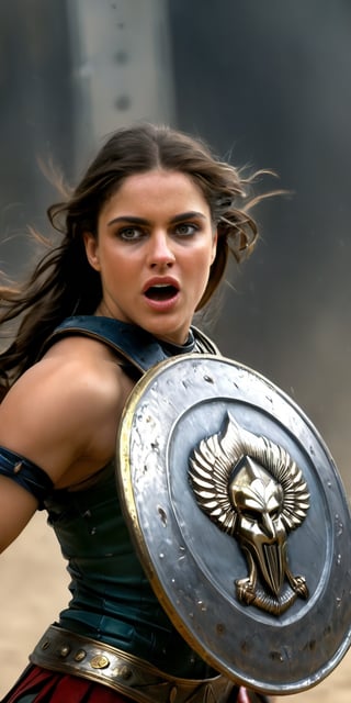 (masterpiece, top quality, Best quality, official art, beautiful and aesthetic:1.2), ((a young woman as spartan warrior like 300 film,)) dark messy and blowing hair with bangs, (Masterpiece, Best quality), (finely detailed eyes), (finely detailed eyes and detailed face), half body, intrincate details,  (((spartan shield))) (Extremely detailed CG, Ultra detailed, Best shadow), Beautiful conceptual illustration, (illustration), (((action pose,))) (extremely fine and detailed), (Perfect details), (Depth of field),action shot