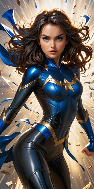 (masterpiece, top quality, Best quality, official art, beautiful and aesthetic:1.2), ((young woman superhero,)) ((In Marvel comics style,)) (Masterpiece, Best quality), (finely detailed eyes), (finely detailed eyes and detailed face), ((disheveled and very messy dark hair,)) Full body view, intrincate details, (((short black and blue leotard,))) (((Bare legs,))) black boots (Extremely detailed CG, Ultra detailed, Best shadow), (( Beautiful conceptual illustration, (illustration in Alex ross style), (((action pose,))) (extremely fine and detailed), (Perfect details), (Depth of field),action shot