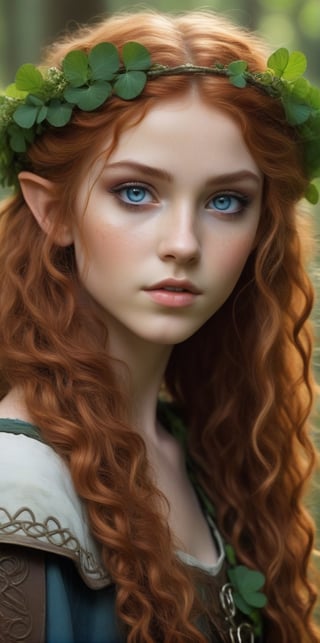 Generate hyper realistic close portrait of a beautiful celtic elf teen girl, side view, very long and messy curly red hair with a punk touch, Very lihgt blue eyes, with a wreath of four-leaf clovers, in a forest, very detailed beautiful eyes. Very detailed, provocative face, (dynamic provocative pose),   soft colors artwork, hight detailed,