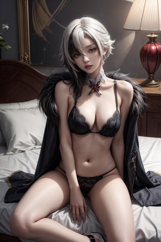 masterpiece, best quality), sitting, open legs, black transparent panties visible, Blonde, In the room, on the bed, lamps, glass, hourglass figure, white stilettos, looking at the viewer who is standing opposite, arlecchino, hair between eyes, black hair, white hair, short hair, coat, fur trim, fur-trimmed coat, (x-shaped eyes, symbol shaped eyes, cross eyes)

Best weight: 0.7-1.0,arlecchino