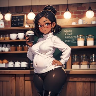 masterpiece,  best quality, fantasy style, (mature female,  curvy figure,  plump, chubby, thicc, wide hips, big ass, small breasts),  (dark skin), short, shortstack, black hair,  big glasses, 

wearing an oversized sweater,  leggings, over the knee boots, coffee shop background, perfect hands and fingers, warm smile, blushing,