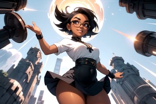 masterpiece,  best quality,  (mature female,  curvy figure,  wide hips,  thicc,  small breasts),  ((shortstack)),  (short hair,  tomboy),  black hair,  thick eyebrows,  ((tan skin, dark skin)),  happy, medieval tunic and long skirt, ((dynamic angle, dynamic pose)), wearing thick glasses, shortstack, skirt_lift,windlift
