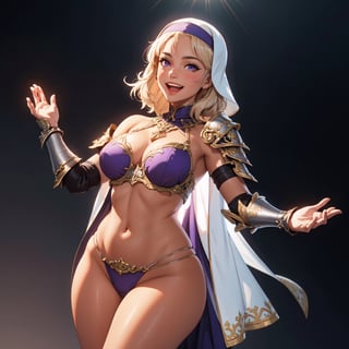 illustration of a milf nun, crotch curtain, ((wearing ornate fantasy armor, large shoulder armor, pauldrons, gauntlets, chest armor, hip armor)), (thicc, curvy figure, small breasts, wide hips), ((tan, dark skin)), (purple eyes, short platinum blond hair), ((happy, excited smile)), ((dynamic angle)), dramatic lighting, back lit, rim light, celestial theme, mature, arms raised casting a spell,