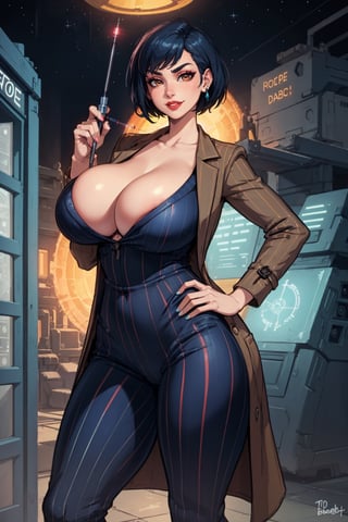 Solo_female, (masterpiece, best quality), Standing, from frontside, erotic pose, looking at viewer, huge body, (thick_thighs:1.2), thick_hips, perfect hands, absolute_cleavage, (bursting breasts, gigantic breasts, cleavage, skindentation:1.3), perfect fingers, (holding a sci-fi screwdriver in left hand:1.3), (right hand on hip), (blue pinstripe business suit:1.5), (blue pinstripe dress pants:1.5), (open brown overcoat:1.5), bursting breasts, red lipstick, evil smile, cocked_eyebrow, brown short feathered pixie cut, outer space background, (TARDIS in the background), DOCTOR WHO, (braless),chubby girl, perfect hands