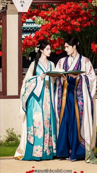 poster wallpaper, 1girl, long hair, black hair, 1boy, flower, white hair, hetero, petals, facial hair, watermark, chinese clothes, old, scroll, hanfu, tienhiep