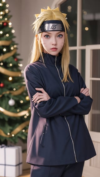 masterpiece,  best quality,  1girl,  solo,  gakuran,  christmas hat, christmas suit, long hair,  Naruto uzumaki,  long blonde hair,  spiked hair , n4rut0, facial mark,  forehead protector,  konohagakure symbol,