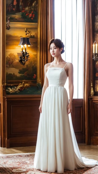 female, white dress, best quality, masterpiece, indoors, (realistic:1.5), (high detailed skin:1.1),