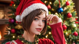 1girl, (masterpiece, top quality, best quality, official art, beautiful and aesthetic:1.2), short hair , extreme detailed, (flowers), (fractal art), colorful, upperbody, christmas hat, christmas tree