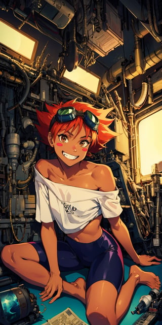 Edward,  tan skin, tomboy, midriff, orange hair, (white loose shirt), off shoulder, spiked hair, barefoot, bike shorts, brown eyes, goggles on head, blush stickers, grin,  
space station, engine room, 
 (insanely detailed, beautiful detailed face, masterpiece, best quality)  volumetric lighting, best quality, masterpiece, intricate details, tonemapping, sharp focus, hyper detailed 