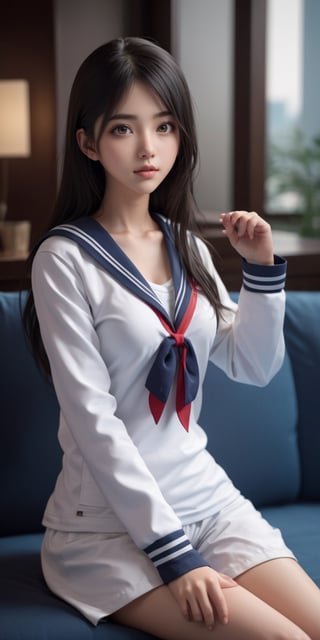 ((1 Taiwan girl, 18 year old girl)),whole body,  beautiful shining body,((black hair:1.3)),big eyes, beautiful girl with fine details, Beautiful and delicate eyes, detailed face, Beautiful eyes,((realism )), dynamic far view shot,cinematic lighting, perfect composition, by sumic.mic, ultra detailed, official art, masterpiece, (best quality:1.3), reflections, extremely detailed cg unity 8k wallpaper, detailed backgroandund, masterpiece, best quality , (masterpiece), (best quality:1.4), (ultra highres:1.2), (hyperrealistic:1.4), (photorealistic:1.2), best quality, high quality, highres, detail enhancement,((long hair)),((Sailor suit:1.2)),((5 star hotel lobby)),((sitting on the sofa)),