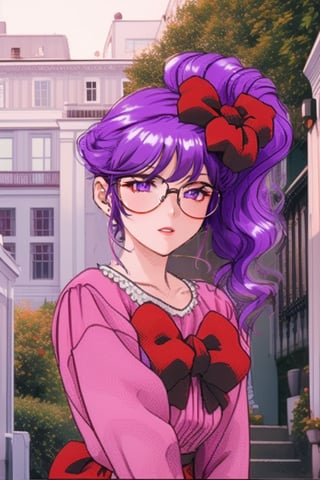 4s4kur4M4n4m1ISS, purple hair, red bow on head, purple eyes, pink dress, red bow on the chest,0sc1ll4t0r