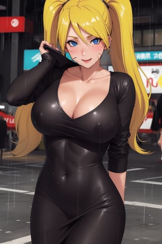 naruko_jutsu_sexy, blonde hair, black dress, wet clothes, heavy rain, detailed clothes on the body, tight dress, smile on the face, visible red bra, city with people, dark night