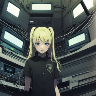 Depressive Machines, 1girl, green lighting, televisions everywhere, cables everywhere, naruko_jutsu_sexy, blonde hair