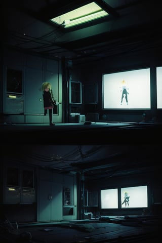 Depressive Machines, 1girl, green lighting, televisions everywhere, cables everywhere, naruko_jutsu_sexy, blonde hair,aure_dystopia_CSDLN