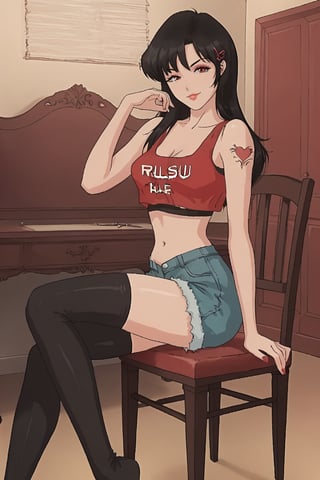 PHbtt90s_style, a woman with tattoos is sitting on a painted red dresser chair, 1girl, solo, red nails, navel, heterochromia, tattoo, thighhighs, black hair, crop top, sitting, red eyes, looking at viewer, nail polish, red lips, shorts
