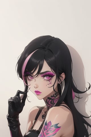 Álfhildr (CSDLN), body tattoo, arm tattoo, black hair, two-tone hair, pink eyes, bright makeup, dark circles in the eyes,PHbtt90s_style