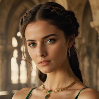 photoealistic image of a woman with dark brown hair, straight hair, natural and sun-kissed makeup, tanned skin, olive skintone, emerald green eyes, (merve boluğur:0.8), (mary siblye:0.6), (eva green:0.3), 
medieval movie screenshot, woman, 20 year old, olive skintone, deep tanned skin, dark brown straight hair up to waist in braided up-do, wearing emerald green dress, flowy, off the shoulder dress with deep neckline, golden small chains, belted with golden belt, looking at the camera, background is a castle hall made out of beige stone with green fresks on it