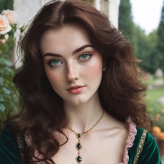 (ultraquality)), ((masterpiece)), (detailed eyes), (intricate details), (detailed face:1.3), (pseudo medieval), (teenage girl, girl in her 20s, (medieval noble dress with embroidery), heart-shaped face, (darkbrown hair, wavy hair), (very long hair:1.3), bushy eyebrows, (green eyes), (deep-set eyes:1.2), (maximilian osinski:1.4), (big nose:1.4), (tanned skin:1.4), (Kaitlyn Dever:0.4), (Natalie Dormer:0.1), ((strong jawline, small jaw)), ((freckles all over body and face, pale freckled skin)), ((bushy eyebrows, deep-set eyes, dimple on a chin)), a medieval woman with freckled pale skin and wavy long and very dark brown hair up to her waist , wearing emeral green velvet italian renaissance dress with ruffled underdress, scoop neckline, necklined embroidered with black gemstones, the dress is embroidered with golden and pale pink roses, sitting in a gazebo with rose garden at distand background, looking at the camera playfully