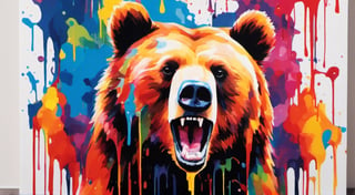 Grizzly bear, multiple colours dripping paint, blood dripping from teeth, Colourful cat 