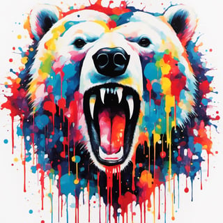 Polar bear, multiple colours dripping paint, blood dripping from teeth, Colourful cat 