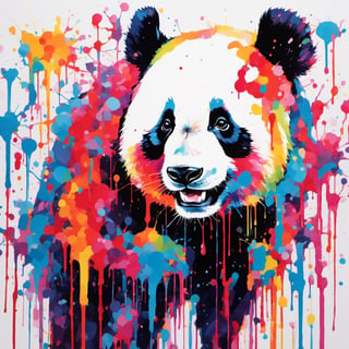 Panda bear, multiple colours dripping paint, blood dripping from teeth, Colourful cat 