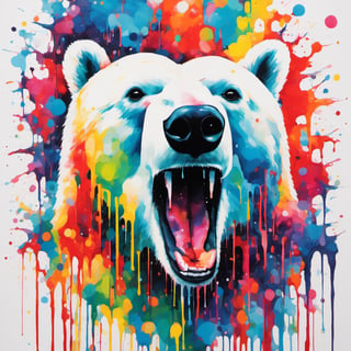 Polar bear, multiple colours dripping paint, blood dripping from teeth, Colourful cat 