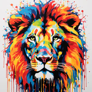 Lion, multiple colours dripping paint, blood dripping from teeth, Colourful cat 