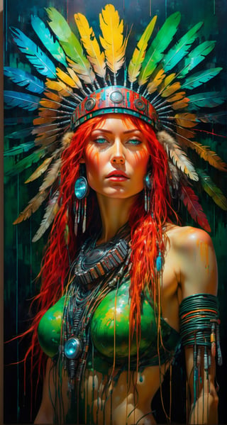 Please create a masterpiece,  stunning beauty,  perfect face,  red hair, green_eyes, epic love,  Slave to the machine,  full-body,  hyper-realistic oil painting,  vibrant colors,  Body horror,  wires,   ,  native american war bonnet,  biopunk,  cyborg by Peter Gric,  Hans Ruedi Giger,  Marco Mazzoni,  dystopic,  golden light,  perfect composition,  multiple colours dripping paint,  