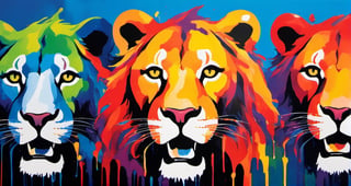 A pride of lions, snarling, multiple colours dripping paint, blood dripping from teeth, Colourful cat 