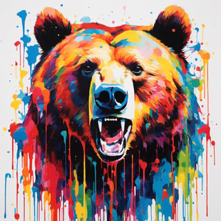 Grizzly bear, multiple colours dripping paint, blood dripping from teeth, Colourful cat 