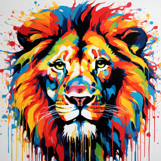 Lion, snarling, multiple colours dripping paint, blood dripping from teeth, Colourful cat 