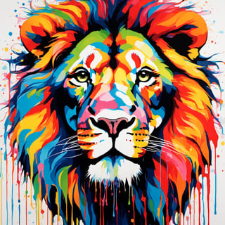 Lion, snarling, multiple colours dripping paint, blood dripping from teeth, Colourful cat 