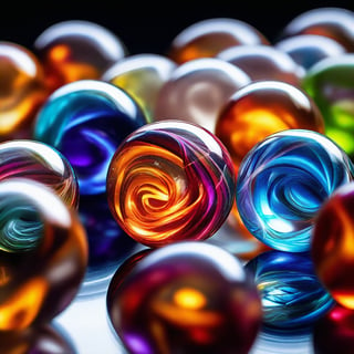 Intriguing glass marbles arranged in a pattern, catching and bending light into captivating reflections. Each marble has a unique, swirling design and appears to glow from within. The composition features a mix of transparent, translucent, and opaque marbles, creating a visually engaging contrast. Macro photography highlighting the intricate details and vibrant colors of the marbles. Realistic and immersive with a hint of whimsy, suitable for advertising or product displays.
