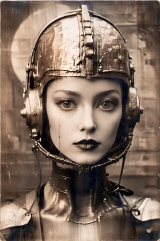(masterpiece),(ultra realistic), (Highly detailed), (Create a sepia photo realistic of an biomechanical retrofuturistic styled rusty armored robot very beauty girl with all front face and head made of very transluscent and rusty copper metal with intricate copper , helmet with mecahnical copper metal pieces on the face, many lines of black metal and copper decorate in art deco style her face and body:1.5), on background a big hall of a retro futuristic black and copper buiding in art deco style of 30's, noir sci fi movie, retro futurism, many black and copper, rusty copper, glass and metal, cinematic illumination