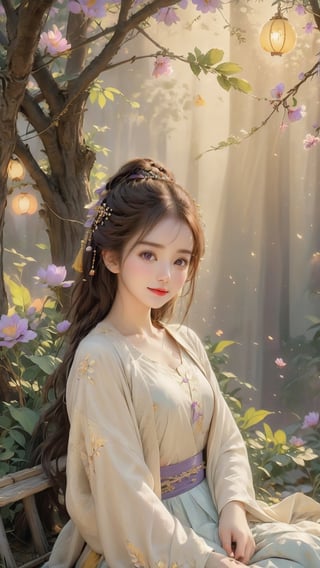 Beautiful 1girl, ((12 years old)), (masterpiece, top quality, best quality, official art, beautiful and aesthetic:1.2), (executoner), extreme detailed, colorful, highest detailed ((ultra-detailed)), (highly detailed CG illustration), ((an extremely delicate and beautiful)), cinematic light, niji style, Chinese house style, in the morning light, maple tree bloom, sunray through the leaves, beautiful eyes, ((light brown eyes)), perfect face, smiling happily, 32k ultra high definition, Pixar movie scene style, realistic high quality Portrait photography, eternal beauty, the lantern behind her emits a soft light, beautiful and dreamy, the flowers are in bloom, and the light bokeh serves as the background, (bronze eyes:1.4), ((purple and yellow hues)), cute animal winterhanfu, holding object, funny pose, (sitting on a tree swing:1.5), swing on swing